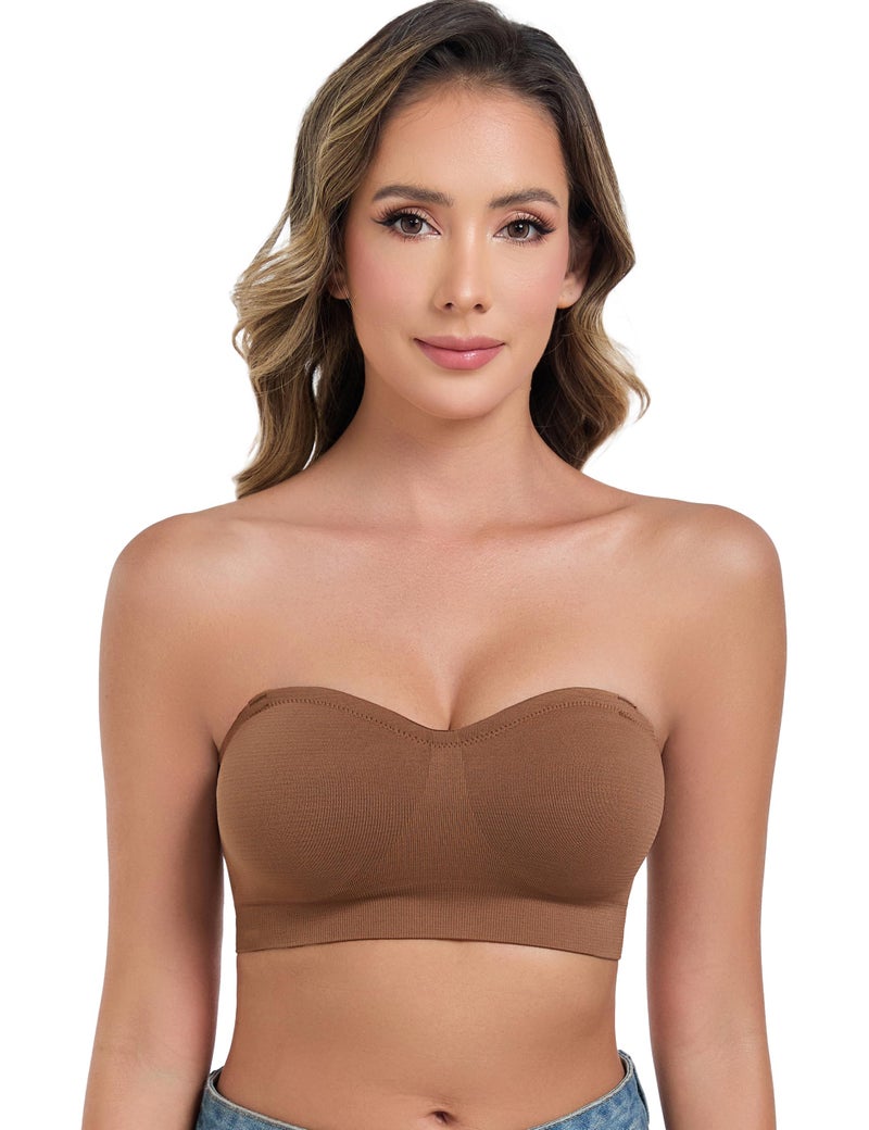 ANGOOL Strapless Bras for Women Wirefree Non-Slip Tube Top Invisible Bralette Seamless Padded Bandeau Bra, Brown, M - Image 1