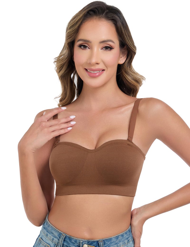 ANGOOL Strapless Bras for Women Wirefree Non-Slip Tube Top Invisible Bralette Seamless Padded Bandeau Bra, Brown, M - Image 4
