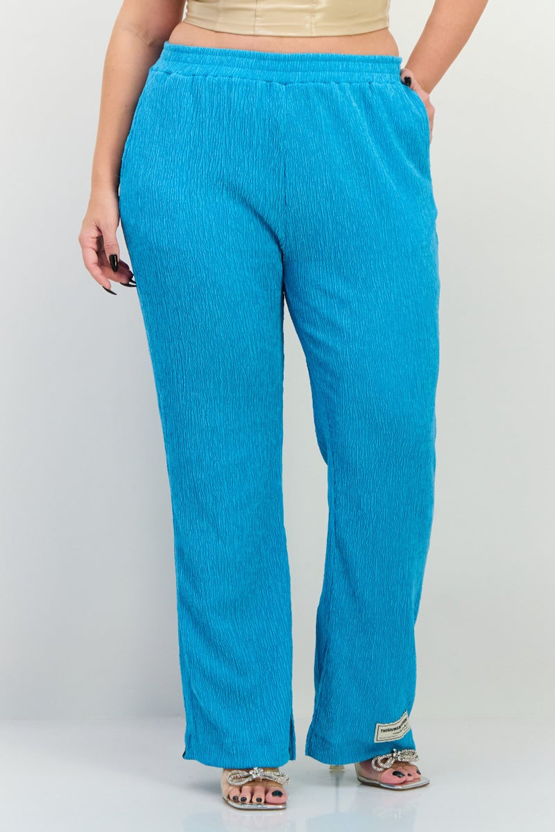 The Giving Movement Women Regular Fit Wide Leg Textured Palazzo Pants, Blue - Image 1