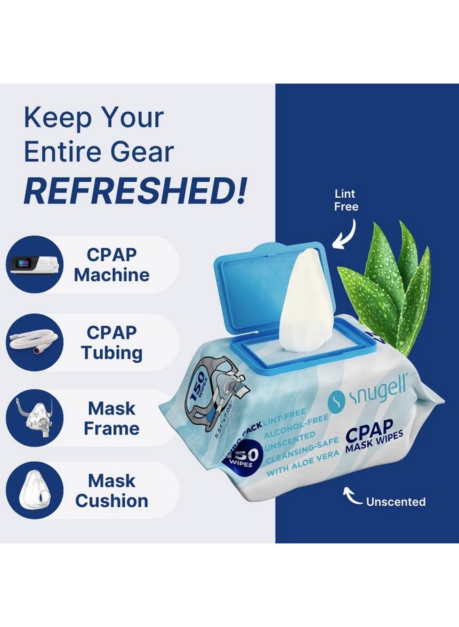 Snugell Snugell Unscented Travel CPAP Mask Wipes Antibacterial (150 Count) -100% Soft Cotton- Lint & Alcohol-Free,Skin Safe with Aloe Vera - Easy Opening CPAP Cleaner and Sanitizer for Masks, Tubes & Devices  - Image 3