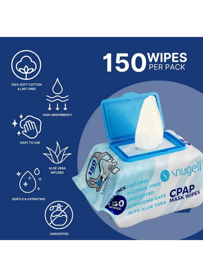 Snugell Snugell Unscented Travel CPAP Mask Wipes Antibacterial (150 Count) -100% Soft Cotton- Lint & Alcohol-Free,Skin Safe with Aloe Vera - Easy Opening CPAP Cleaner and Sanitizer for Masks, Tubes & Devices  - Image 1