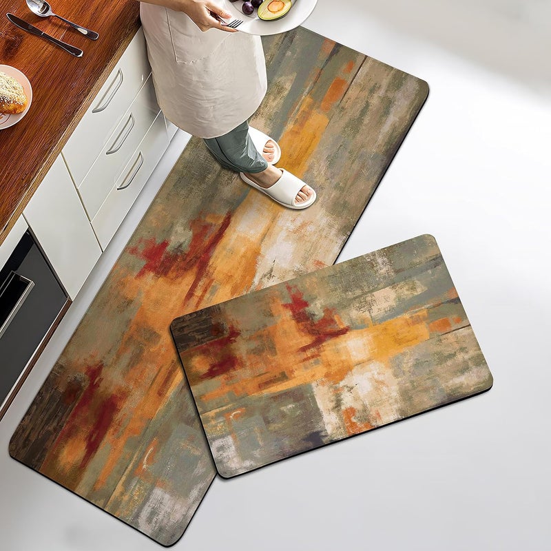 keensoft Orange Anti-Fatigue Kitchen Rugs Set of 2 Burnt Orange Cushioned Comfort Kitchen Mats Abstract Art Heavy Duty Standing Floor Mat Carpets for Kitchen Laundry, 17.3"x28"+17.3"x47" - Image 1