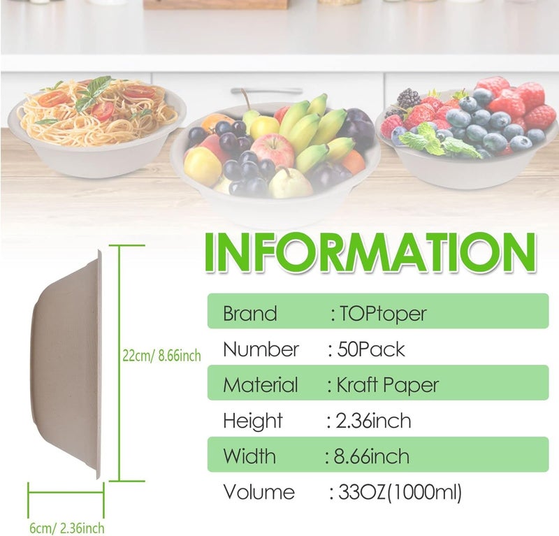 TOPtoper 33Oz 50Pack Large Paper Bowls, Disposable Bowls Bulk Leakproof and Microwave Safe for Hot or Cold Use (33 OZ) - Image 4