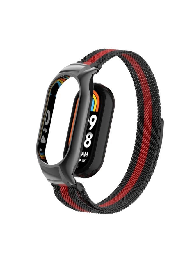 Generic - Replacement Strap For Xiaomi Mi Band 8 Integrated Metal Case + Milanese Magnetic Watch Band Black+Red - Image 1