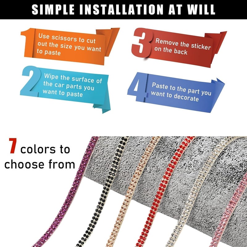Excefore Bling Car Trim Self-Adhesive Stickers, Car Interior Exterior Decorative Car Accessories, For Women And Girls, Universal Diy Bling Car Interior, Glitter Car Accessories, Rhinestone Car Door Stickers - Image 4
