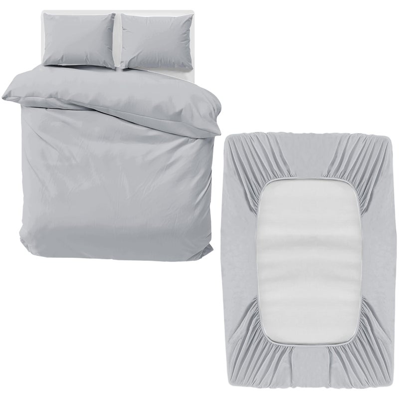 MOONLIGHT20015 Double Bedding Set 4 Piece Duvet Cover Fitted Sheet with Pillow cases Soft Brushed Microfiber Duvet Cover sets Silver