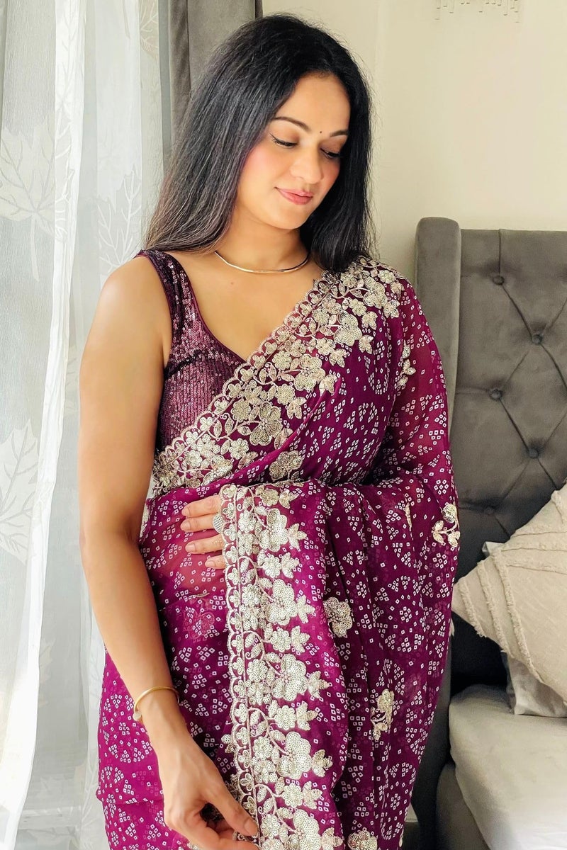 SGF11 Women's Georgette Embroidery Work Saree With Unstitched Blouse Piece (Purple) - Image 3