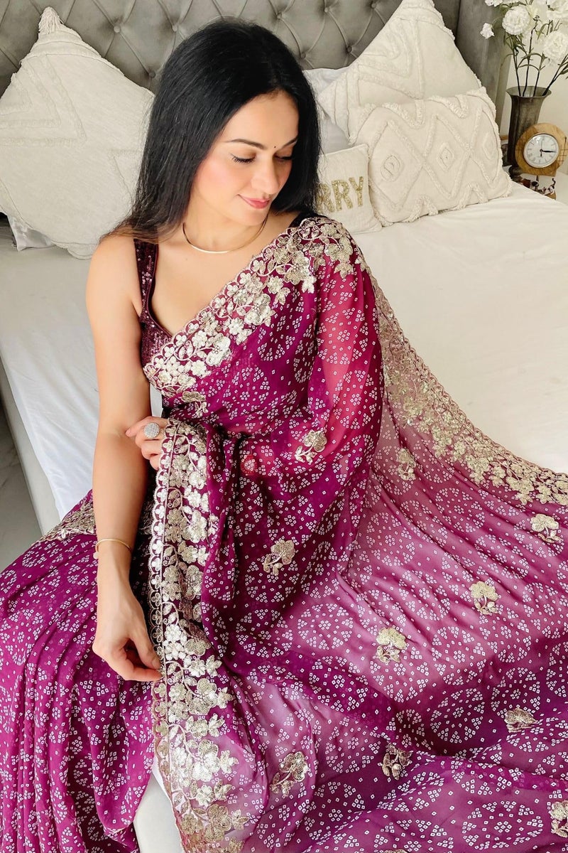 SGF11 Women's Georgette Embroidery Work Saree With Unstitched Blouse Piece (Purple) - Image 4
