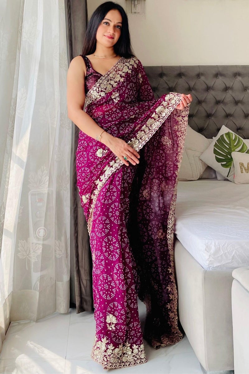 SGF11 Women's Georgette Embroidery Work Saree With Unstitched Blouse Piece (Purple) - Image 2
