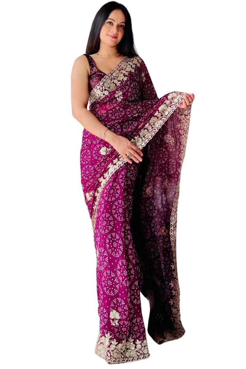 SGF11 Women's Georgette Embroidery Work Saree With Unstitched Blouse Piece (Purple) - Image 1
