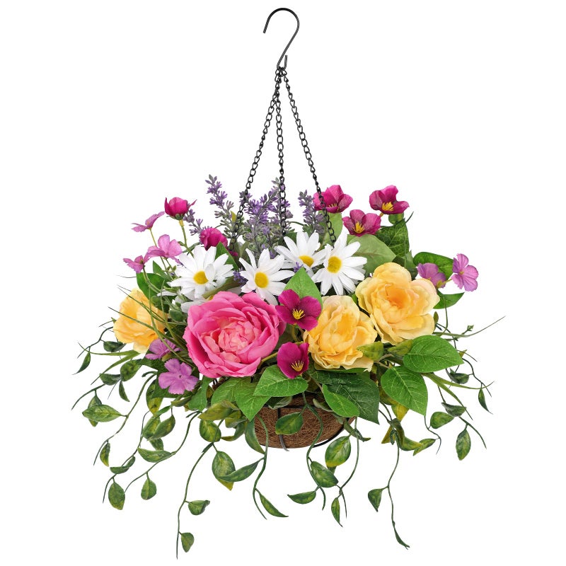 Briful Artificial Hanging Flowers with Basket, Faux Silk Flower Arrangement with Roses & Daisies, Outdoor Hanging Flowers Spring Decor for Porch Garden Patio Balcony - Image 1