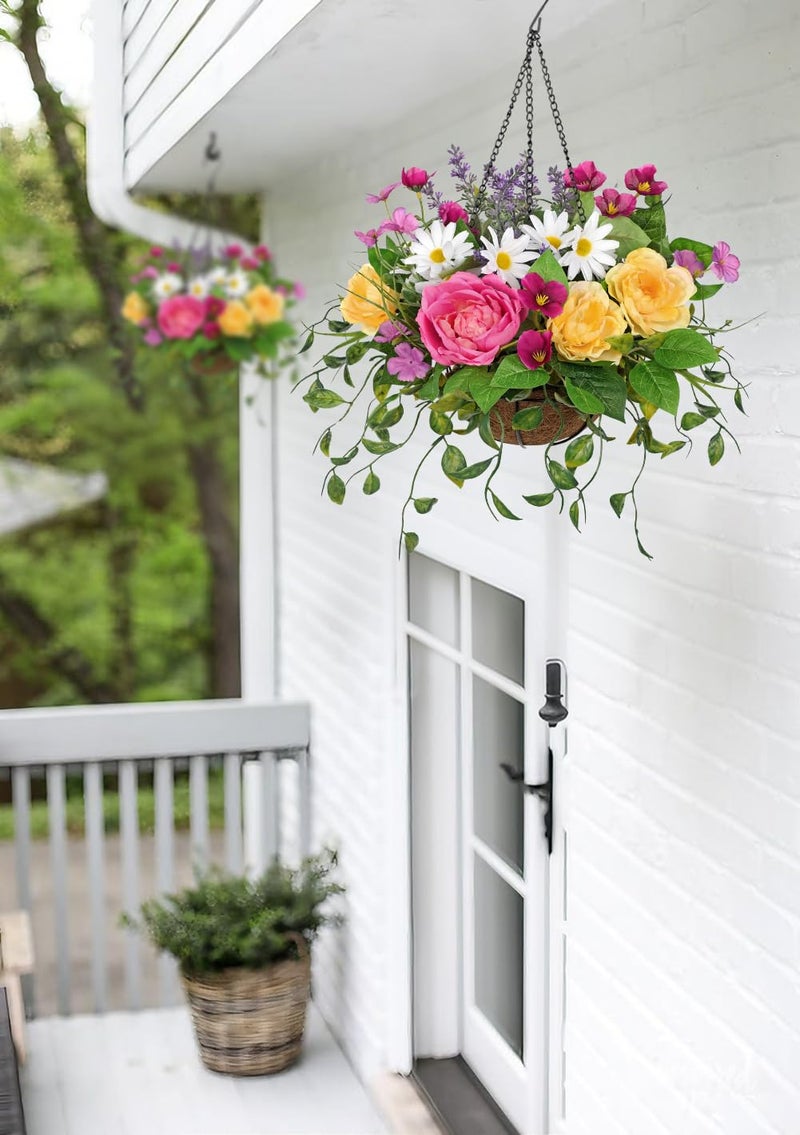 Briful Artificial Hanging Flowers with Basket, Faux Silk Flower Arrangement with Roses & Daisies, Outdoor Hanging Flowers Spring Decor for Porch Garden Patio Balcony - Image 4