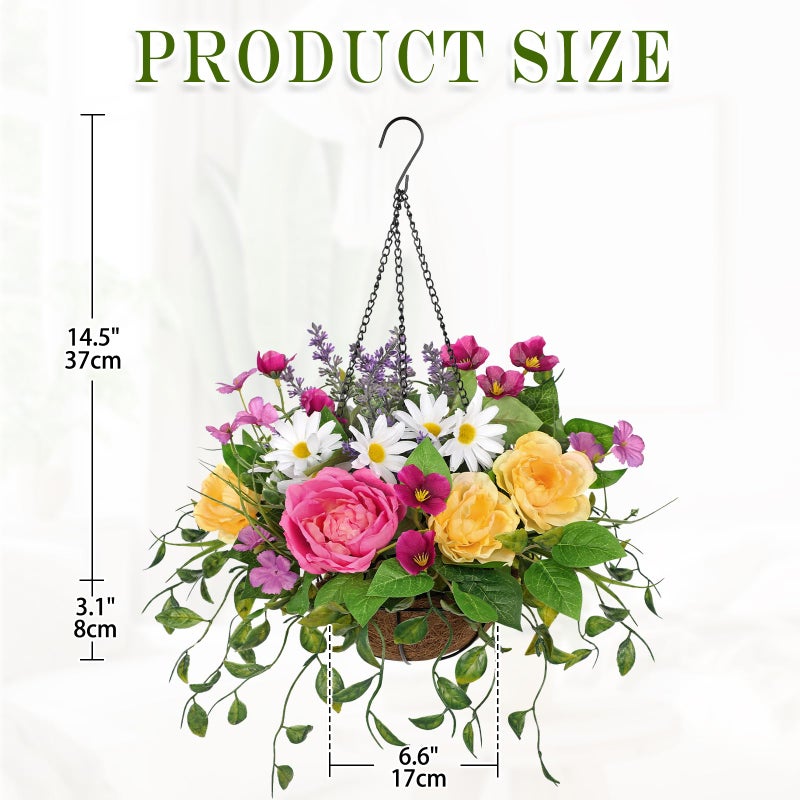 Briful Artificial Hanging Flowers with Basket, Faux Silk Flower Arrangement with Roses & Daisies, Outdoor Hanging Flowers Spring Decor for Porch Garden Patio Balcony - Image 2