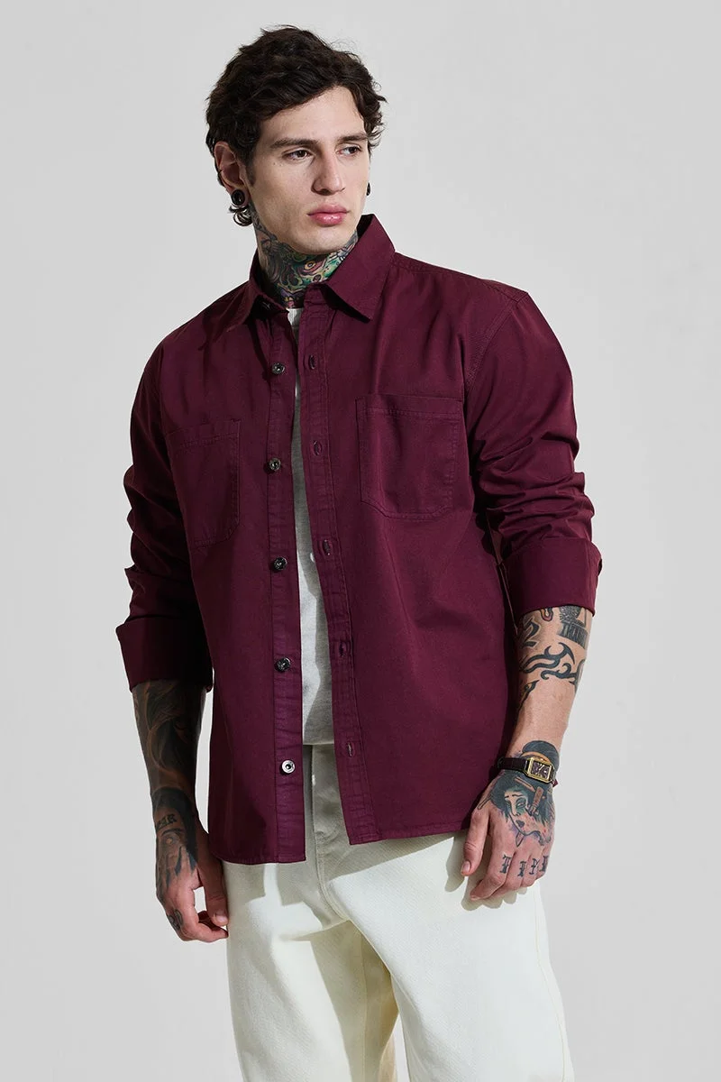 SNITCH Burgundy Solid Long Sleeve Relaxed Overshirt