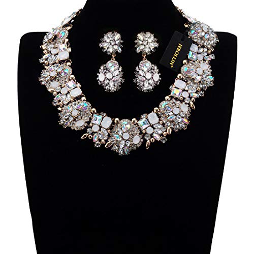 Jerollin Vintage Crystal Rhinestone Statement Choker Bib Statement Necklace Earring Fashion Costume Jewelry Set for Women White - Image 3