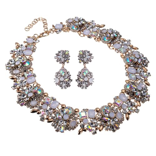 Jerollin Vintage Crystal Rhinestone Statement Choker Bib Statement Necklace Earring Fashion Costume Jewelry Set for Women White - Image 1