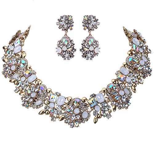 Jerollin Vintage Crystal Rhinestone Statement Choker Bib Statement Necklace Earring Fashion Costume Jewelry Set for Women White - Image 4