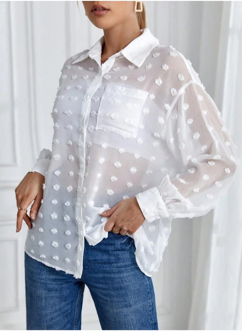 SunSet - SUNSET Essnce Ladies Chiffon Mini Dot Mesh with pocket Blouse - Image 1