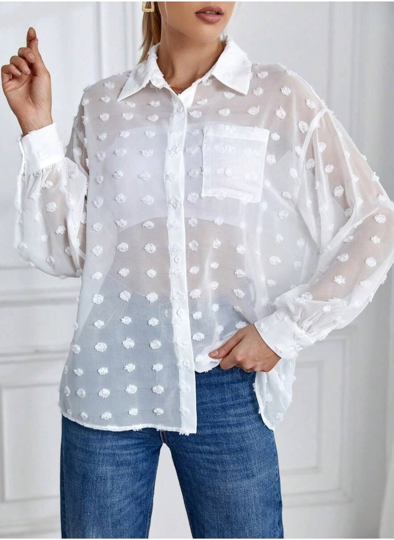 SunSet - SUNSET Essnce Ladies Chiffon Mini Dot Mesh with pocket Blouse - Image 1