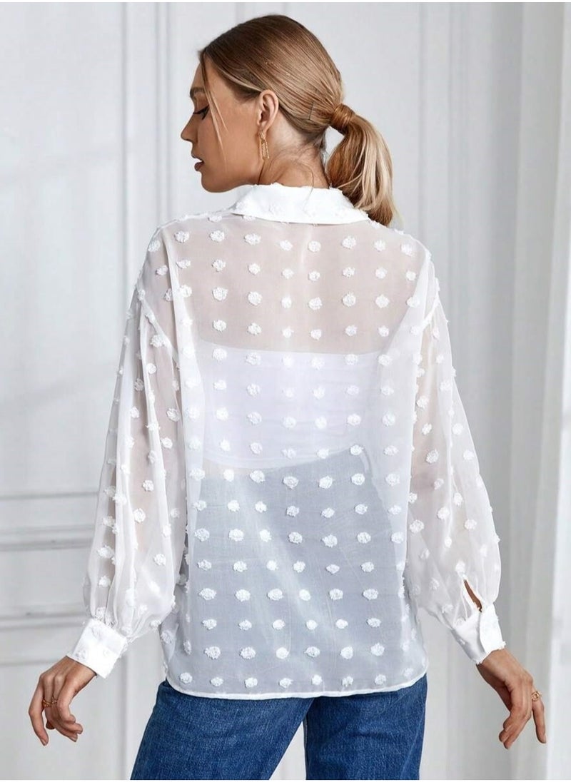 SunSet - SUNSET Essnce Ladies Chiffon Mini Dot Mesh with pocket Blouse - Image 1