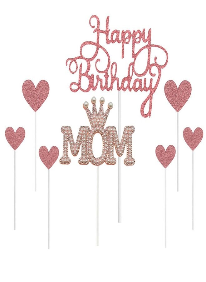 Ulfanit Happy Birthday Mom Cake Toppers - 8pcs Glittered Rose Gold Happy Birthday Cake Topper and Pink Pearl MOM Cake Topper for Mother Bday Cake Decorations - Image 5