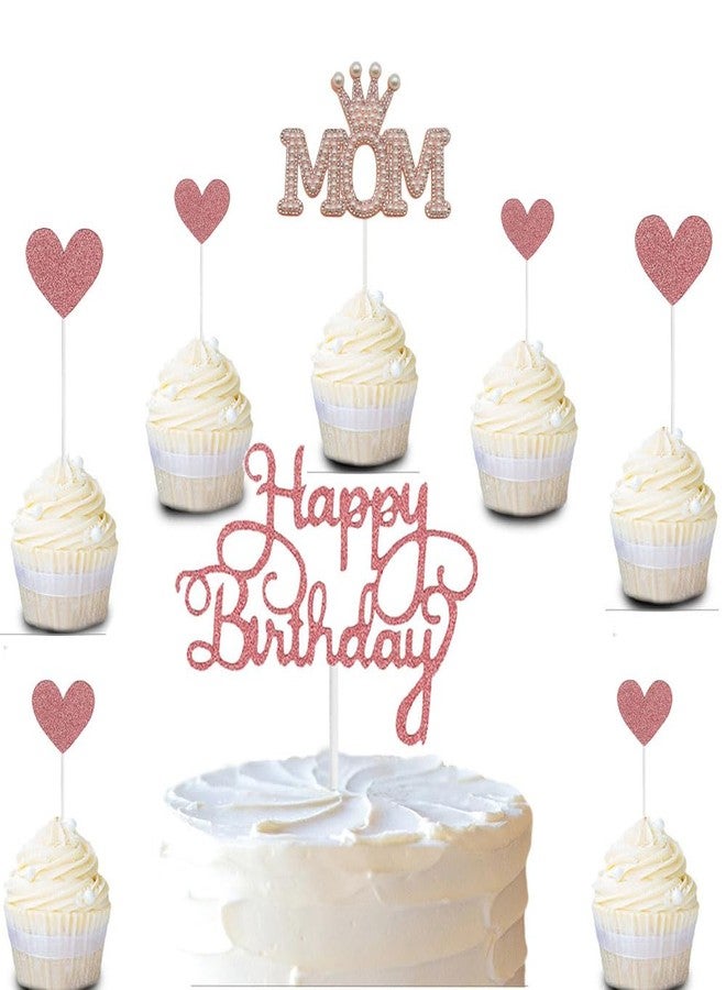 Ulfanit Happy Birthday Mom Cake Toppers - 8pcs Glittered Rose Gold Happy Birthday Cake Topper and Pink Pearl MOM Cake Topper for Mother Bday Cake Decorations - Image 4