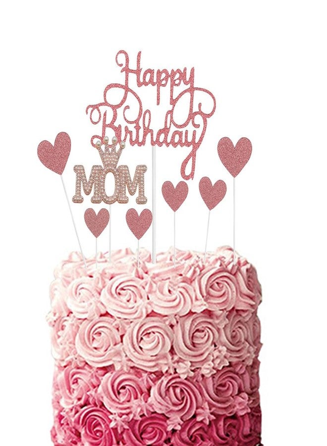 Ulfanit Happy Birthday Mom Cake Toppers - 8pcs Glittered Rose Gold Happy Birthday Cake Topper and Pink Pearl MOM Cake Topper for Mother Bday Cake Decorations - Image 2