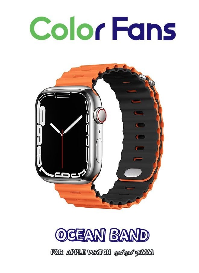 Color Fans - Apple Watch Ocean Band 41mm 40mm 38mm for Men Women, Soft Silicone Sport Band Replacement Strap for Apple Watch Ultra iWatch Series 8 7 SE 6 5 4 3 2 1 Orange-Black - Image 1