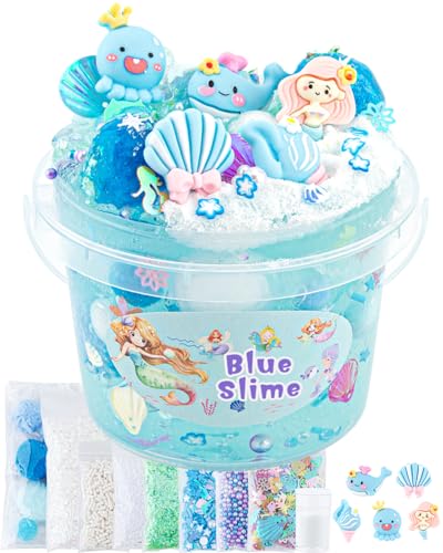 Okaybee 10 FL OZ Mermaid Clear Slime Kit Blue Slime Bucket Slimes Party Favors for Kids Glimmer Crunchy Slimes Includes 9 Packs of Addins Sensory Experience DIY Toys for Girls and Boys Ages 812 - Image 1