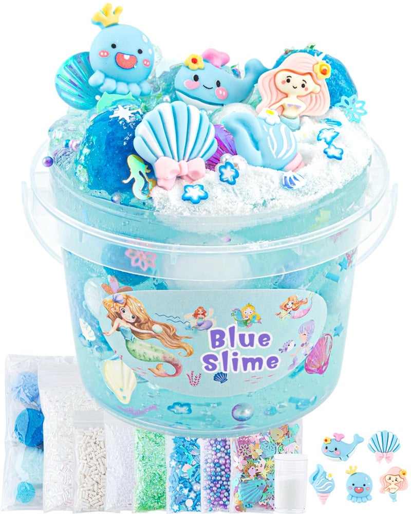 Okaybee 10 FL OZ Mermaid Clear Slime Kit Blue Slime Bucket Slimes Party Favors for Kids Glimmer Crunchy Slimes Includes 9 Packs of Addins Sensory Experience DIY Toys for Girls and Boys Ages 812 - Image 3
