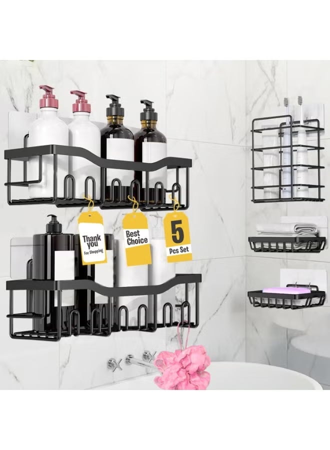 Eworld Shower Caddy Set of 5 – No-Drill Adhesive Bathroom Organizer, 2 Large Stainless Steel Shower Shelves with Hooks, 2 Soap Holders & 1 Toothbrush Holder, Rustproof Wall Mount Storage, White/Black - Image 5