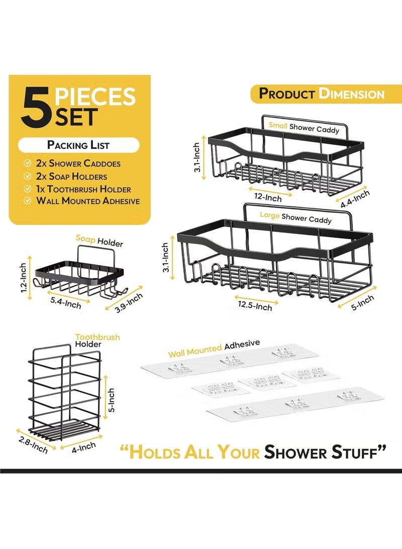 Eworld Shower Caddy Set of 5 – No-Drill Adhesive Bathroom Organizer, 2 Large Stainless Steel Shower Shelves with Hooks, 2 Soap Holders & 1 Toothbrush Holder, Rustproof Wall Mount Storage, White/Black - Image 2