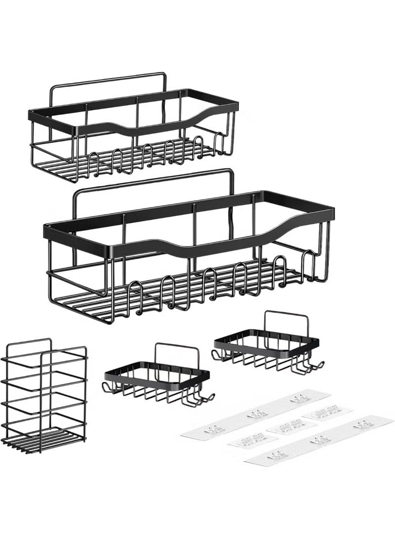 Eworld Shower Caddy Set of 5 – No-Drill Adhesive Bathroom Organizer, 2 Large Stainless Steel Shower Shelves with Hooks, 2 Soap Holders & 1 Toothbrush Holder, Rustproof Wall Mount Storage, White/Black - Image 4