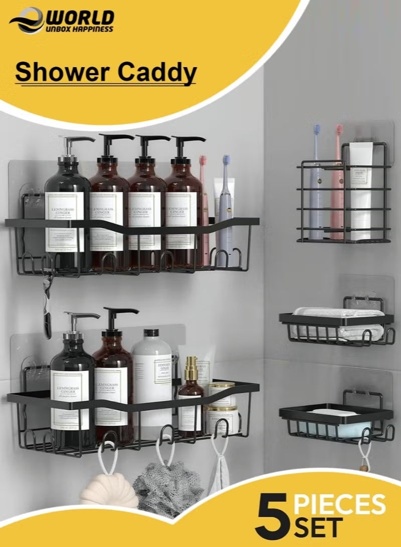 Eworld Shower Caddy Set of 5 – No-Drill Adhesive Bathroom Organizer, 2 Large Stainless Steel Shower Shelves with Hooks, 2 Soap Holders & 1 Toothbrush Holder, Rustproof Wall Mount Storage, White/Black - Image 1