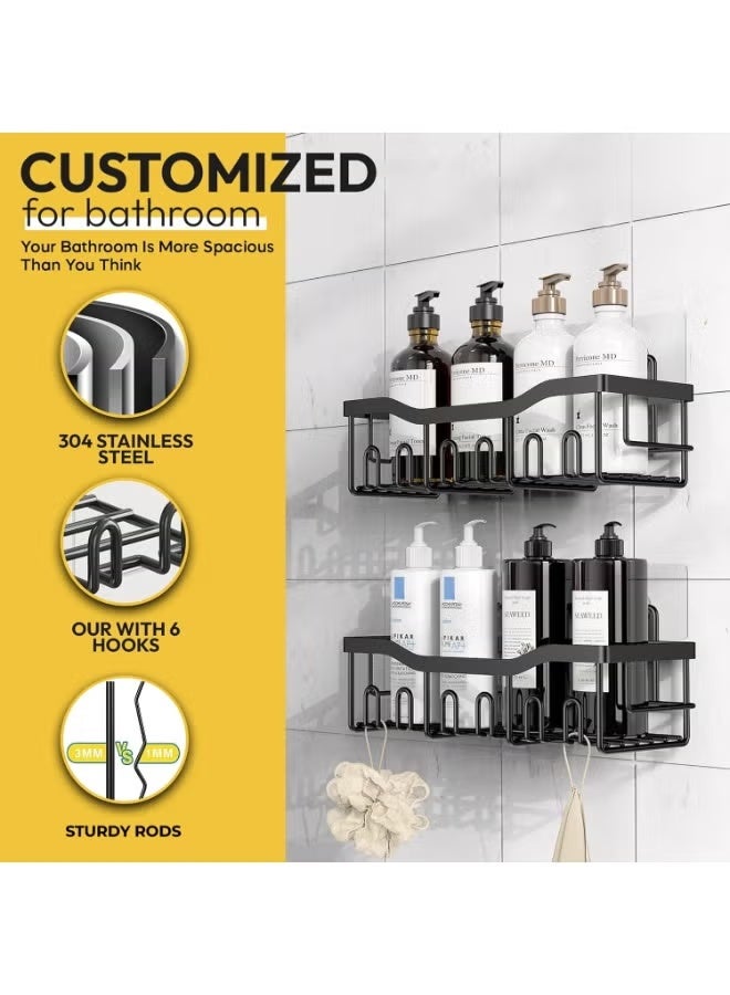 Eworld Shower Caddy Set of 5 – No-Drill Adhesive Bathroom Organizer, 2 Large Stainless Steel Shower Shelves with Hooks, 2 Soap Holders & 1 Toothbrush Holder, Rustproof Wall Mount Storage, White/Black - Image 3