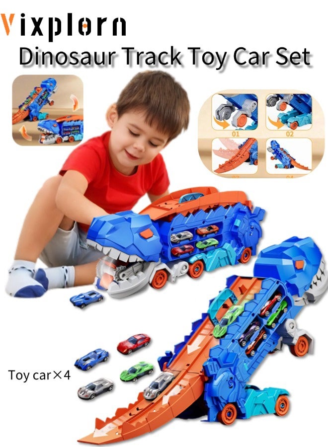 Vixplorn Dinosaur Race Tracks 7 in 1 Dinosaur Toy for Kids Ages 3-7, Dinosaur Transport Truck with 4 Metal Vehicles, City Dinosaur Ultimate Transport Track Toy, Transformable into a Standing Stampede Dinosaur Toy for Toddlers, Gift for Kids Ages 3+ for Eid, Birthday, Easter and Other Celebrations - Image 1