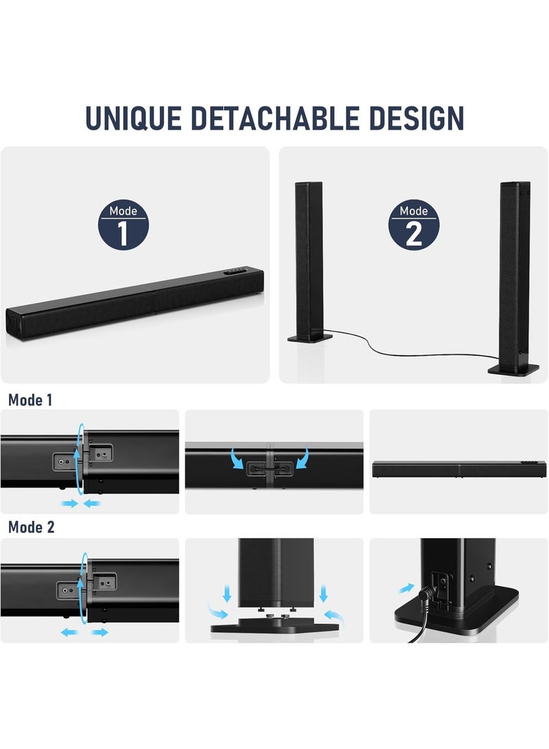 WALALLA 2 in 1 Detachable TV Soundbar Speaker 60W, Bluetooth 5.3 Home Theater Audio System with HDMI ARC, Optical, AUX, USB, Wall Mount and Tower Modes, Black - Image 3