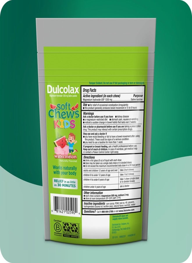 Dulcolax Kids Saline Laxative Soft Chews, Stimulant-Free Laxatives, Gentle Constipation Relief for Kids, Softens Stool, Watermelon Flavor, Magnesium Hydroxide 1200 mg, 15 Count - Image 3