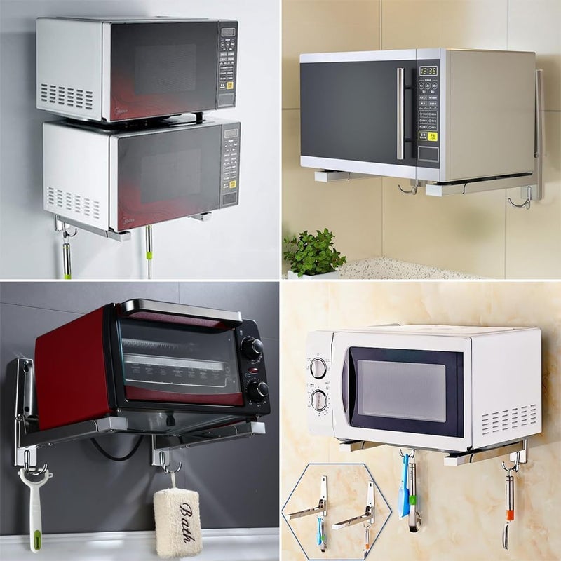 Microwave Oven Mount Bracket,Wall Mount Microwave Oven Brackets Shelf,Universal Stainless Steel Oven Wall Mount Stand Holder with Hook,Foldable Oven Stretch Rack for Kitchen Restaurant Hotel - Image 2