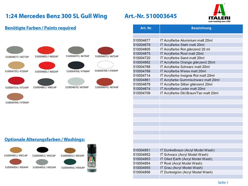Italeri 3645S 1:24 Mercedes Benz 300 SL Gull Wing, Stand Model Making, Crafts, Hobby, Gluing, Plastic Construction Kit, Unvarnished - Image 2