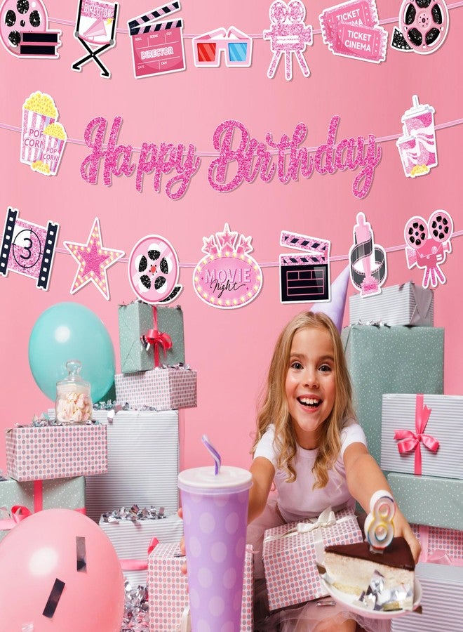 Lide Road 3Pcs Movie Night Birthday Party Banner Movies Night Decorations Pink Movie Theme Happy Birthday Banner Popcorn Camera Movie Theater Banners Sign for Girls Baby Shower Party Supplies - Image 4