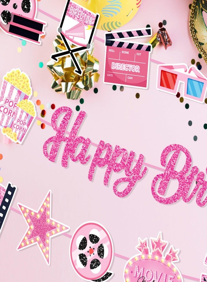 Lide Road 3Pcs Movie Night Birthday Party Banner Movies Night Decorations Pink Movie Theme Happy Birthday Banner Popcorn Camera Movie Theater Banners Sign for Girls Baby Shower Party Supplies - Image 5