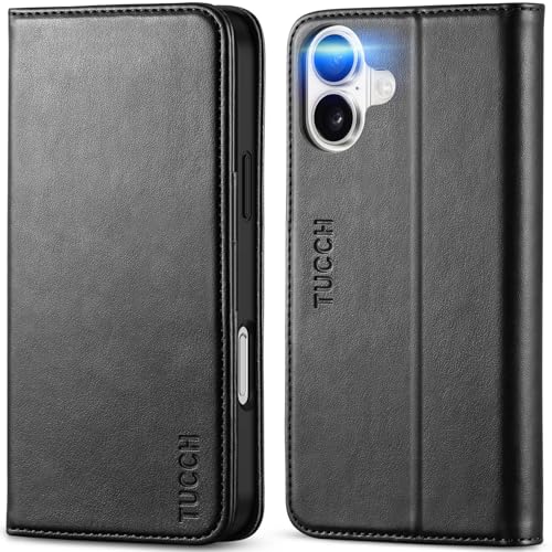 TUCCH Case Wallet for iPhone 16 Plus 3 Card Holder Slots Folio PU Leather Cover RFID Blocking Stand Flip TPU Shockproof Interior Case Compatible with iPhone 16 Plus Black - Image 1