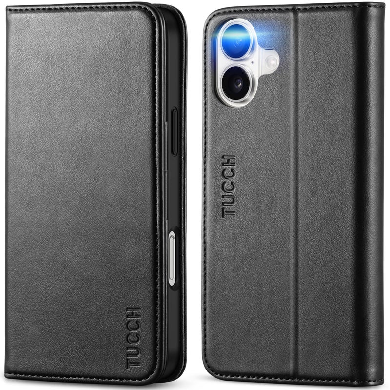 TUCCH Case Wallet for iPhone 16 Plus 3 Card Holder Slots Folio PU Leather Cover RFID Blocking Stand Flip TPU Shockproof Interior Case Compatible with iPhone 16 Plus Black - Image 2