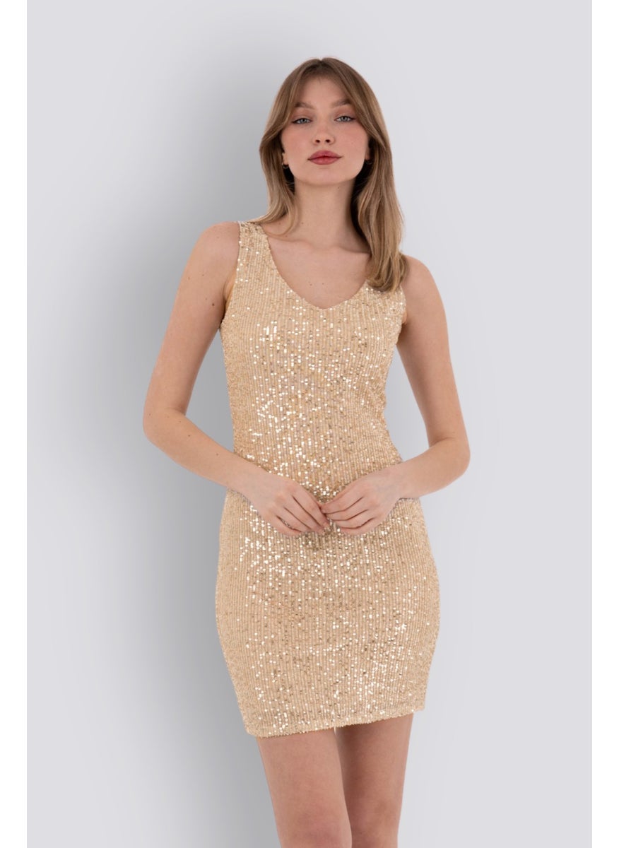 HOX'S Candice | Sequined Mini Slim Dress V Neck Sleeveless Backless - Gold  - Image 1