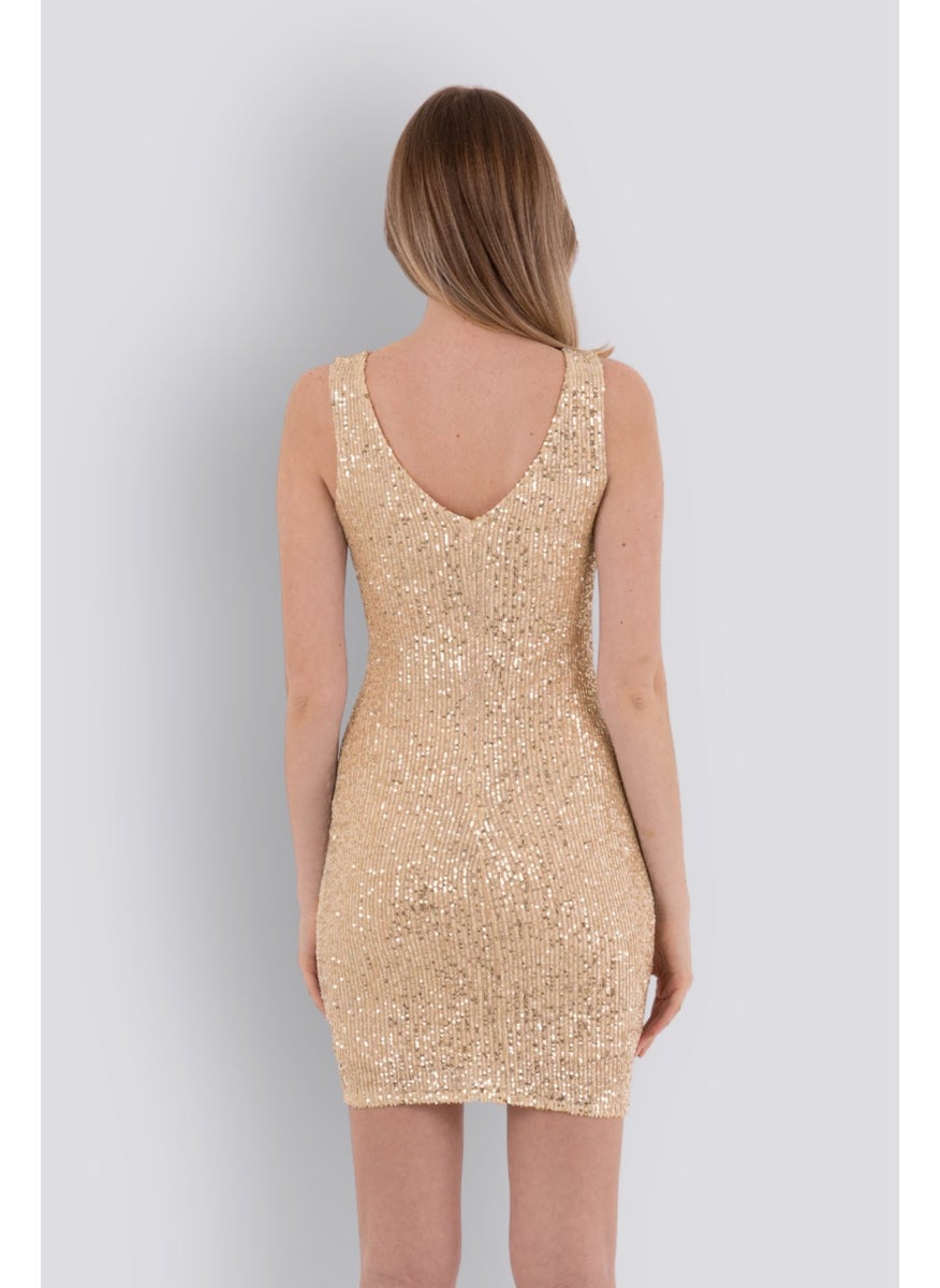 HOX'S Candice | Sequined Mini Slim Dress V Neck Sleeveless Backless - Gold  - Image 3