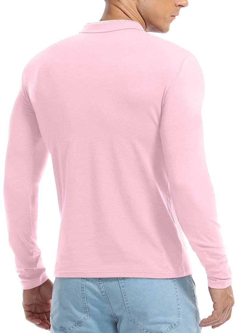 KUYIGO Men's Casual Slim Fit Shirts Long Sleeve Polo Mandarin Collared Lightweight T-Shirts Pink Large - Image 5