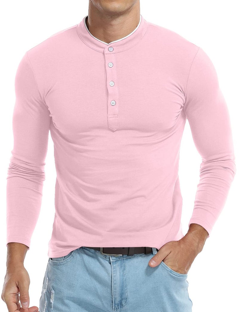 KUYIGO Men's Casual Slim Fit Shirts Long Sleeve Polo Mandarin Collared Lightweight T-Shirts Pink Large - Image 3