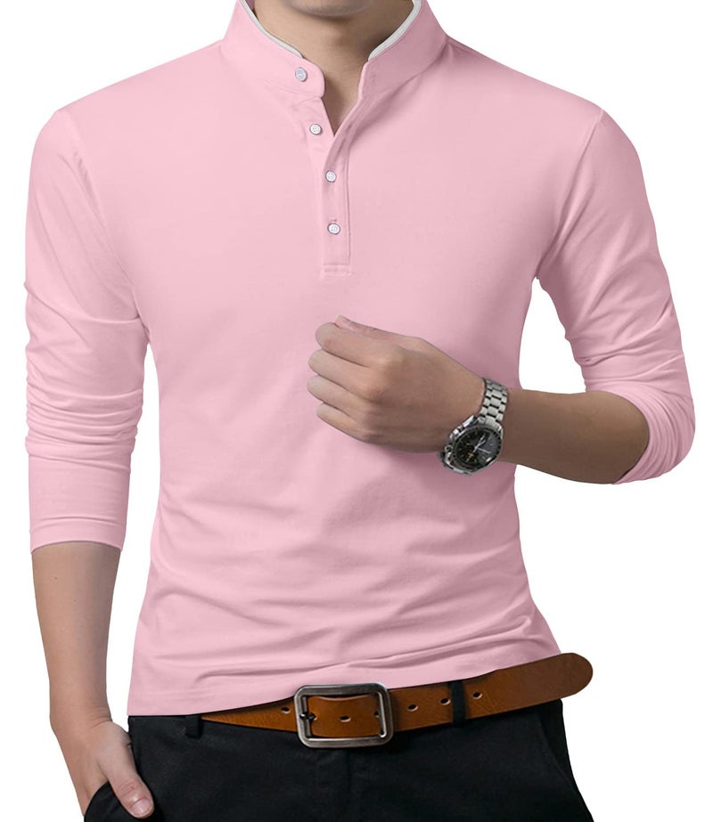 KUYIGO Men's Casual Slim Fit Shirts Long Sleeve Polo Mandarin Collared Lightweight T-Shirts Pink Large - Image 1