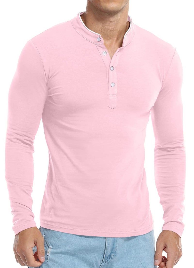 KUYIGO Men's Casual Slim Fit Shirts Long Sleeve Polo Mandarin Collared Lightweight T-Shirts Pink Large - Image 4